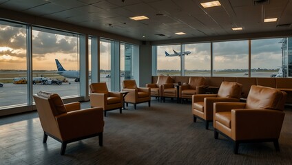 Airport lounge with comfy recliners and a view of the runway.