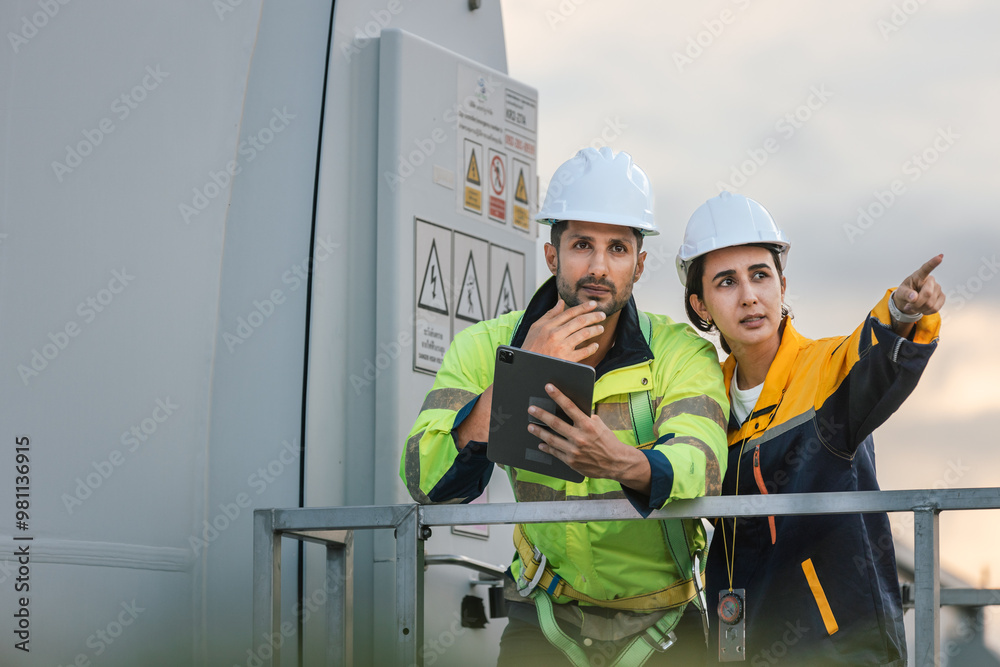 Fototapete Team engineer wind turbine worker safety uniform survey discuss operational planning windmill field clean energy. Alternative technology protect environment reduce global warming problems.