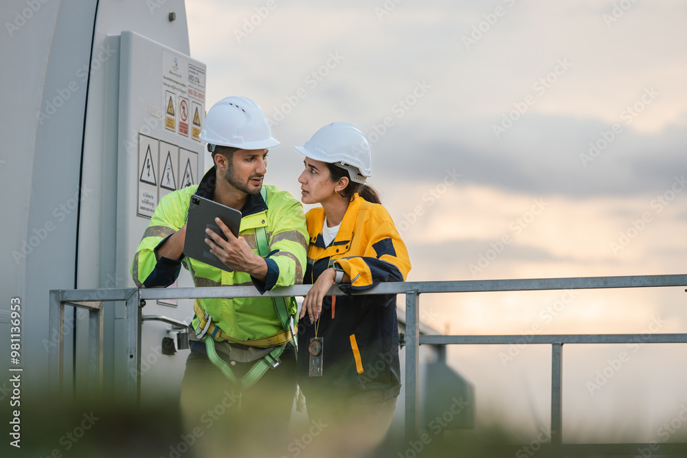 Fototapete Team engineer wind turbine worker safety uniform survey discuss operational planning windmill field clean energy. Alternative technology protect environment reduce global warming problems.