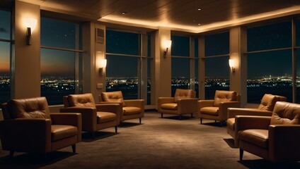 Airport lounge with recliners, dim lights, and runway views
