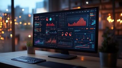 A modern workspace featuring a large monitor displaying data analytics and vibrant graphs in a cozy, illuminated environment.
