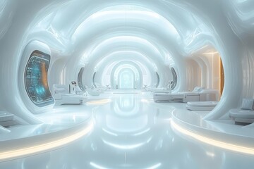 Obraz premium futuristic hospital complex rendered in 3d featuring sleek glass structures holographic displays and automated medical equipment set against a pristine white backdrop