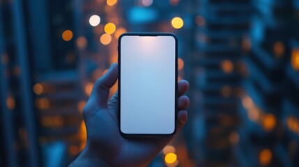 Empty mobile phone screen in a hand, against a blurred urban background with space for overlay or messaging design