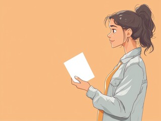 Fototapeta premium A thoughtful young woman holding a blank card, standing against a warm orange background, ideal for creative designs and inspiration.