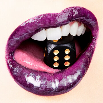 Close-up of glossy purple lips holding a black six-sided die between the teeth
