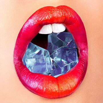Close-up of glossy red lips holding a blue gemstone between teeth against a coral background.