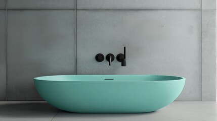 A minimalistic industrial-style bathroom featuring concrete walls, a vibrant teal sink, and sleek black fixtures