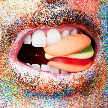 Close-up of a mouth covered in colorful glitter lipstick biting a collection of gummy candies.