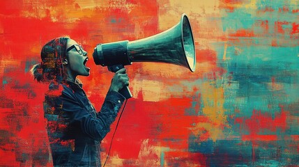 A passionate person shouting into a megaphone against a vibrant, abstract background, symbolizing activism and expression.