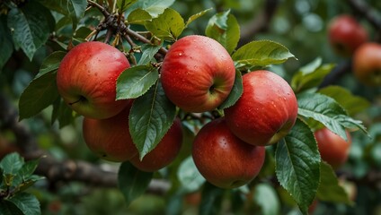 Apple tree branch with ripe red apples and green leaves.