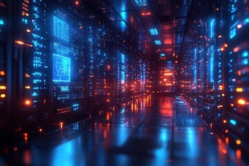Fototapeta premium futuristic server room pulses with data rows of sleek black servers emit blue led glow holographic displays float amidst a maze of fiber optic cables