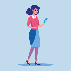 a woman is standing and using a mobile phone, Flat design illustration