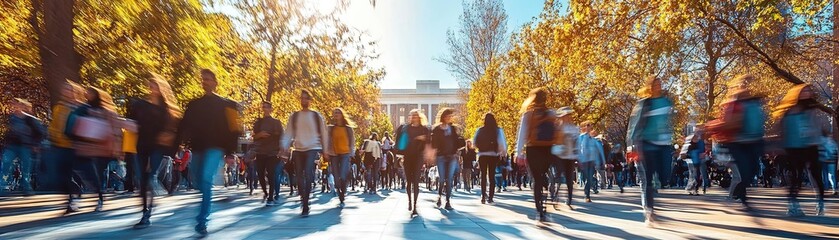 Obraz premium A vibrant scene of people walking through a sunlit campus in autumn, surrounded by colorful foliage and lively energy.
