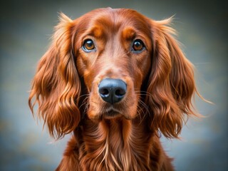 A sweet Irish Setter dog with a fluffy coat and endearing expression gazes directly at the camera with big brown eyes and floppy ears.