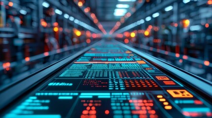 Futuristic server room with glowing screens and high-tech interface, showcasing data processing and digital technology.