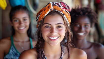 Fototapeta premium Three joyful women with vibrant headwraps, showcasing friendship and diversity, captured in a warm, uplifting atmosphere.