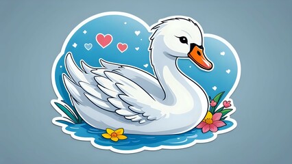 Fototapeta premium Cute cartoon swan sticker with hearts and flowers.