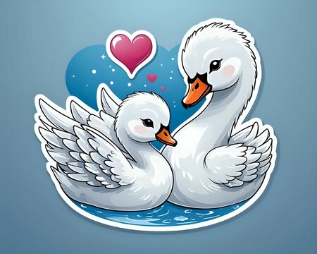 recommend clip art: Two cute cartoon swans in love with hearts and stars in a blue circle, perfect for Valentine's Day.