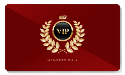 Premium VIP card in red color with golden crown, laurel wreath and other elements. Luxury design. Vector illustration