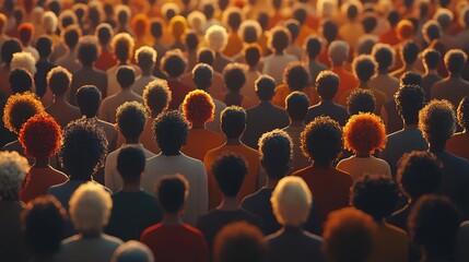 A diverse crowd with unique hairstyles gathers under warm sunlight, creating a vibrant and lively atmosphere.