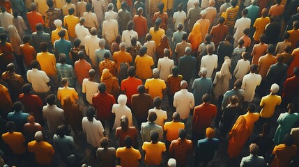 Fototapeta premium A diverse crowd of individuals seen from above, showcasing a vibrant array of colors and attire, symbolizing unity in diversity.