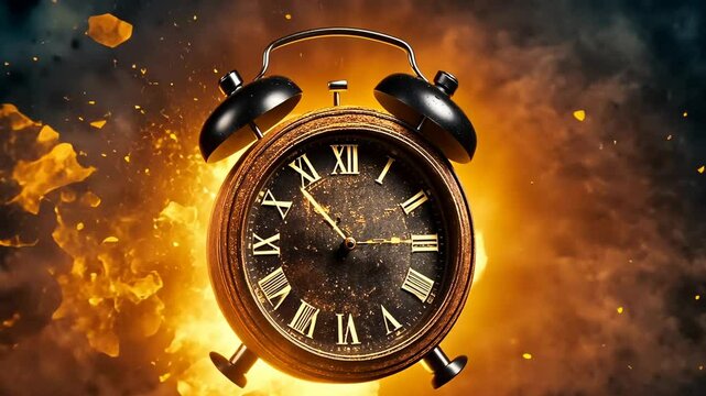 A vintage clock is surrounded by intense flames and debris, capturing a moment of chaos. The dark background and flying particles intensify the dramatic effect, conveying a powerful sense of urgency.