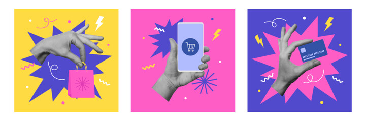 Set of collage cards with hand holding paper bag, smartphone and credit card. Online shopping concept