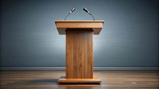 Wood podium with microphone for public speaking