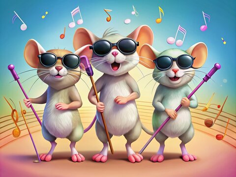 Whimsical illustration of three blind mice, wearing sunglasses and carrying canes, standing in a row, surrounded by