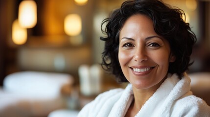 Georgeous cheerful middle aged hispanic woman wearing bathrobe at spa salon or hotel relax zone