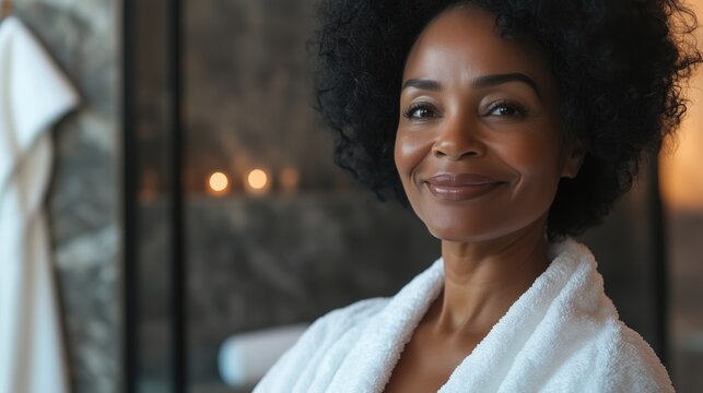 Georgeous cheerful middle aged african american woman wearing bathrobe at spa salon or hotel relax zone