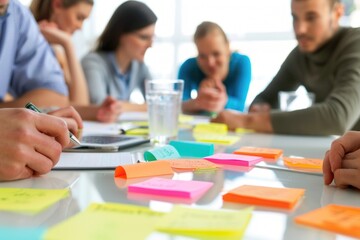 A group of people gathered around a table with sticky notes, fostering creativity and idea generation