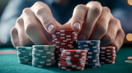 Naklejka premium A victorious poker player counting their cash winnings, chips stacked high in front of them, representing profit and success