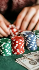 Naklejka premium A player raking in chips after a big win, stacks of cash beside them, symbolizing the high stakes and profit achieved