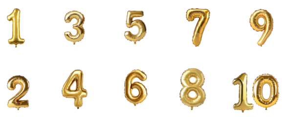 3D Realistic Gold Number Balloons 1 to 10  | Festive Decoration Set for Anniversary and Wedding
