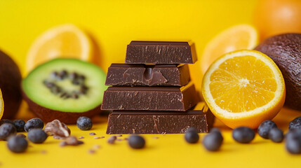 fruit and chocolate on yellow background