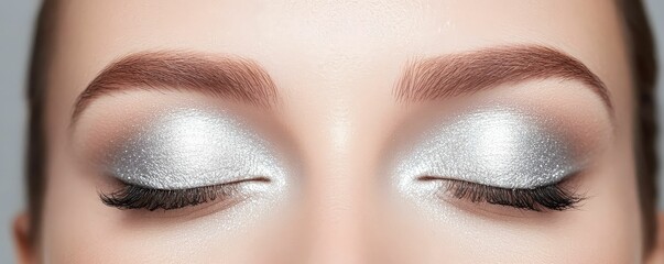 Closeup of eyes with shimmering silver eyeshadow and perfectly winged eyeliner, classy Halloween touch