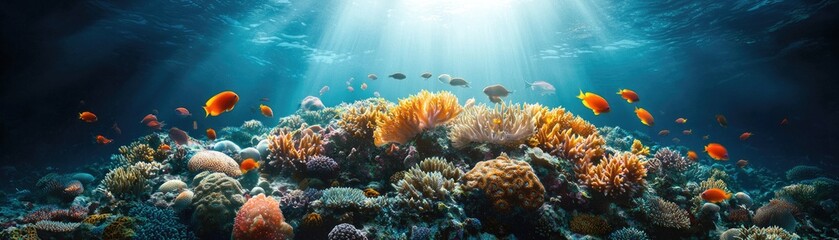 Obraz premium Dying coral reef surrounded by vibrant sea creatures, showcasing the effects of ocean pollution and climate change