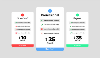 3 column comparison price chart template design for web business