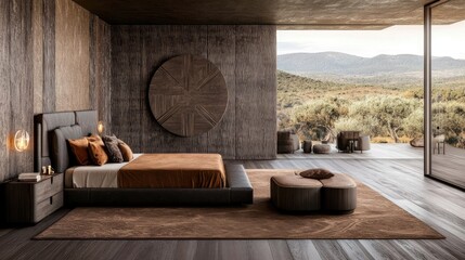 This contemporary Thai bedroom showcases intricate wooden carvings, warm materials, and expansive windows leading to a scenic balcony. A blend of comfort and style awaits