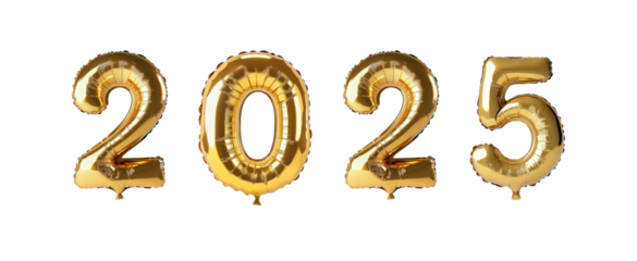 Gold 2025 balloon numbers, festive celebration decor, isolated on transparent background