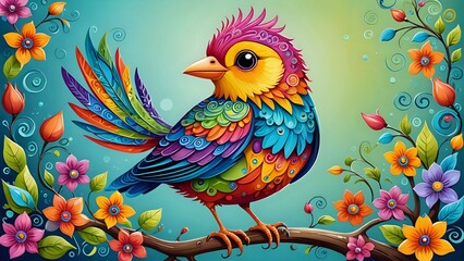 Naklejka premium A colorful bird with vibrant feathers perched on a branch with blooming flowers.
