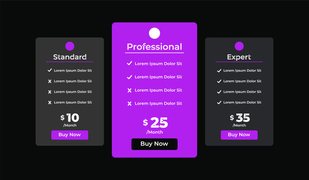 3 column comparison price chart template design for web business