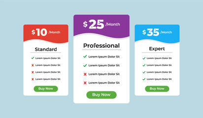 3 column comparison price chart template design for web business