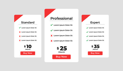 3 column comparison price chart template design for web business