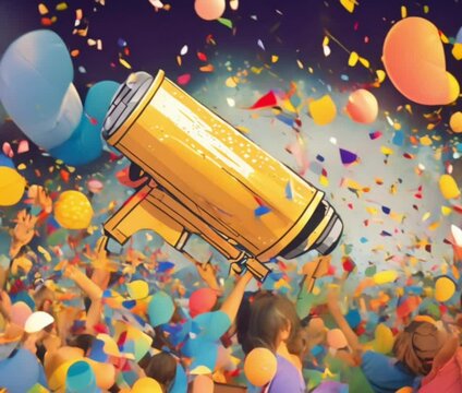 Confetti Explosion: Film a handheld confetti cannon being fired, with vibrant colored paper raining down in slow motion, covering the area in celebration.