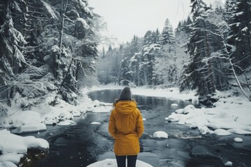 Immerse yourself in a peaceful winter escape in a snowcovered forest beside a tranquil river, providing a serene and relaxing retreat in the midst of a winter paradise, ideal for a calm vacation