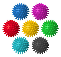 Set of colored massage balls. Hedgehog ball for therapy and fitness. Isolated object on transparent background