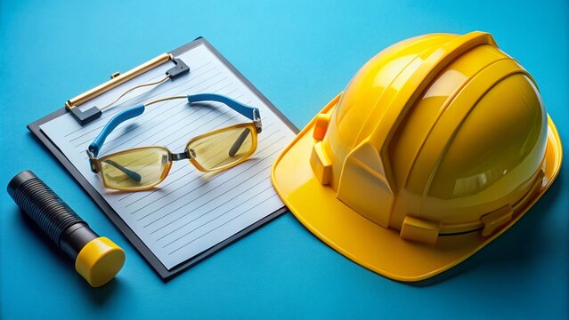 Yellow hard hat, safety glasses, and earplugs on a blue background with a checklist and binder clip, emphasizing
