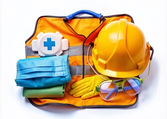 Yellow hard hat, safety glasses, earplugs, and respirator mask lie on a orange vest, surrounded by blue gloves